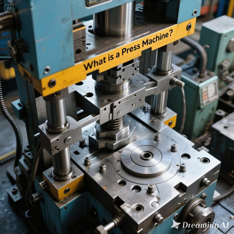 Infografis digital flat-style menunjukkan mesin press modern dengan bagian utama: ram, die, dan material logam yang sedang ditekan, digambarkan dengan desain profesional bernuansa biru, kuning, dan abu-abu.