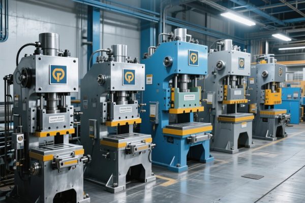 Infografis flat-style menampilkan 5 jenis mesin press populer di industri manufaktur: hydraulic press, mechanical press, pneumatic press, servo press, dan forging press, dengan ilustrasi ikon modern berwarna kuning dan abu-abu.
