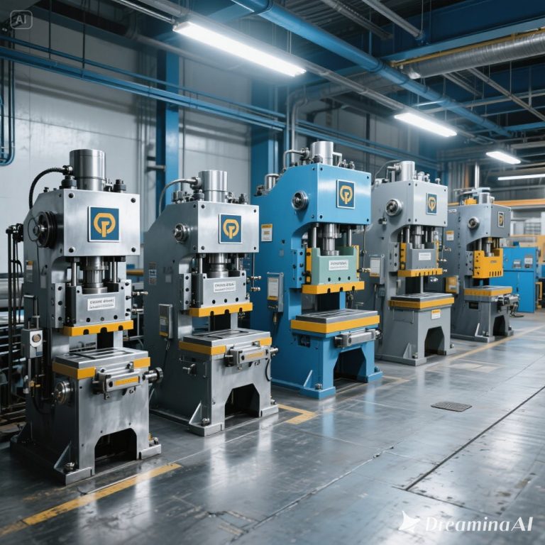 Infografis flat-style menampilkan 5 jenis mesin press populer di industri manufaktur: hydraulic press, mechanical press, pneumatic press, servo press, dan forging press, dengan ilustrasi ikon modern berwarna kuning dan abu-abu.