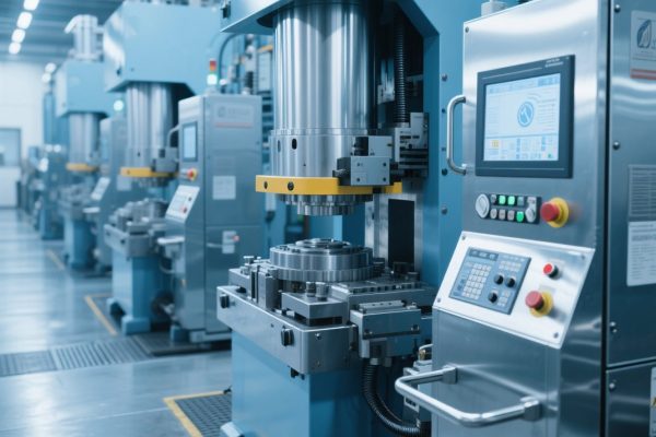 Flat-style digital illustration of a modern press machine with a digital control panel, IoT connectivity icons, AI symbol, and green energy leaf, representing the latest press machine technology in 2025.