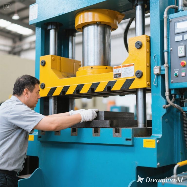 Mesin press industri dengan komponen logam yang terawat, melambangkan perawatan rutin untuk memperpanjang umur mesin.
