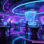 Ilustrasi mesin press otomatis dengan robot industri yang mengatur material dan bekerja presisi di pabrik modern.