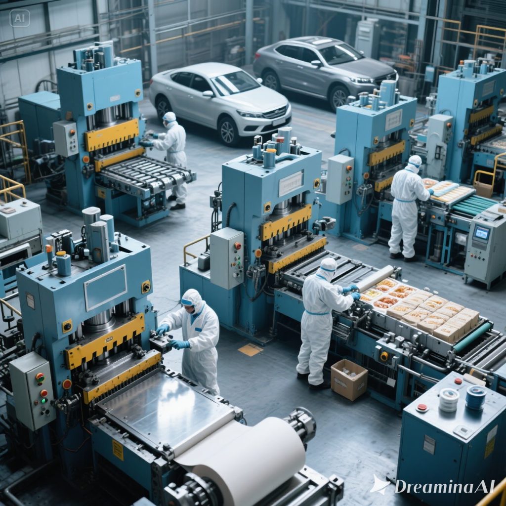 7 Industri yang Paling Banyak Menggunakan Mesin Press Ilustrasi berbagai industri seperti otomotif, elektronik, konstruksi, dan logam yang menggunakan mesin press.