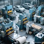 Ilustrasi berbagai industri seperti otomotif, elektronik, konstruksi, dan logam yang menggunakan mesin press.
