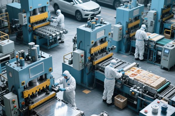 Ilustrasi berbagai industri seperti otomotif, elektronik, konstruksi, dan logam yang menggunakan mesin press.