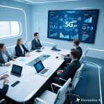 Ilustrasi mesin press modern terhubung dengan teknologi 5G dan IoT di pabrik pintar.