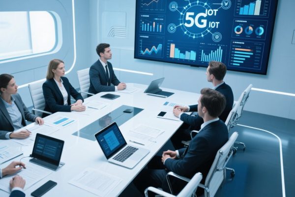 Ilustrasi mesin press modern terhubung dengan teknologi 5G dan IoT di pabrik pintar.
