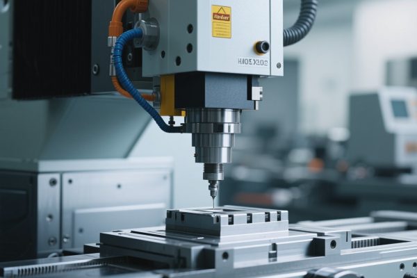 Ilustrasi mesin CNC modern dengan operator dan sistem komputer terintegrasi.