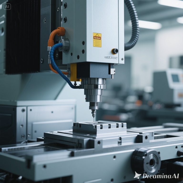 Ilustrasi mesin CNC modern dengan operator dan sistem komputer terintegrasi.