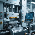 Ilustrasi mesin press otomatis modern dengan integrasi AI dan sensor digital.