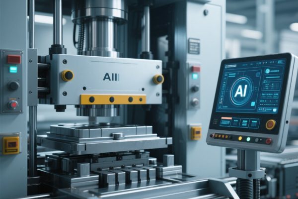 Ilustrasi mesin press otomatis modern dengan integrasi AI dan sensor digital.