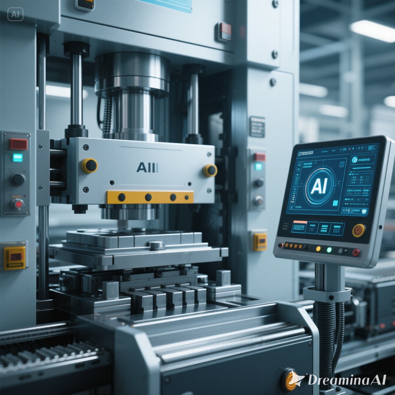 Ilustrasi mesin press otomatis modern dengan integrasi AI dan sensor digital.