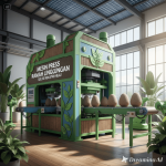 Ilustrasi mesin press ramah lingkungan dengan simbol energi hijau dan industri berkelanjutan.