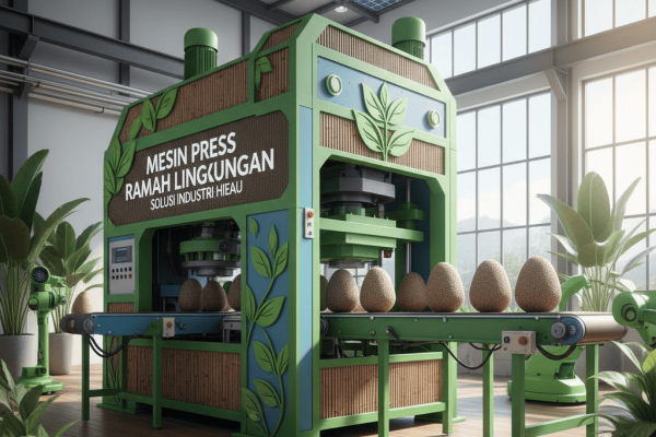 Ilustrasi mesin press ramah lingkungan dengan simbol energi hijau dan industri berkelanjutan.