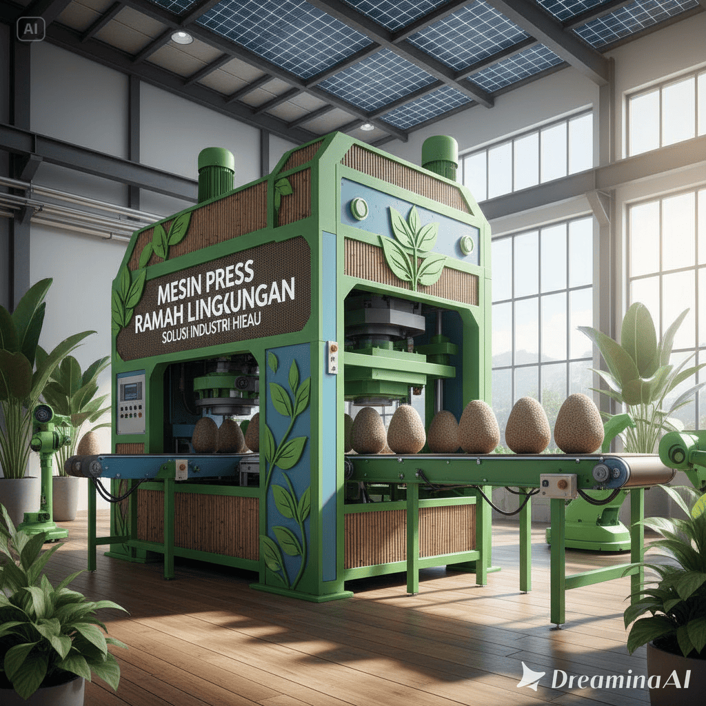 Ilustrasi mesin press ramah lingkungan dengan simbol energi hijau dan industri berkelanjutan.