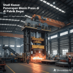 Ilustrasi mesin press industri bekerja di pabrik besar dengan sistem otomatisasi.