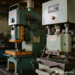 Kolase mesin press manual dioperasikan manusia dan mesin press otomatis modern di pabrik