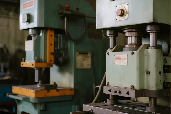 Kolase mesin press manual dioperasikan manusia dan mesin press otomatis modern di pabrik