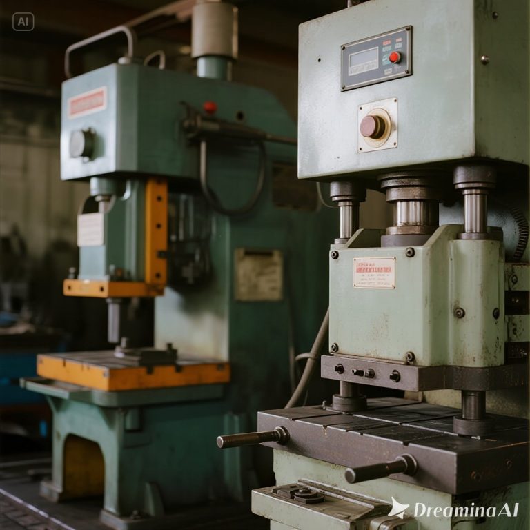 Kolase mesin press manual dioperasikan manusia dan mesin press otomatis modern di pabrik