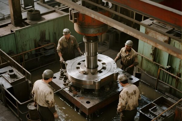 Mesin press modern sedang memproduksi komponen logam di pabrik.