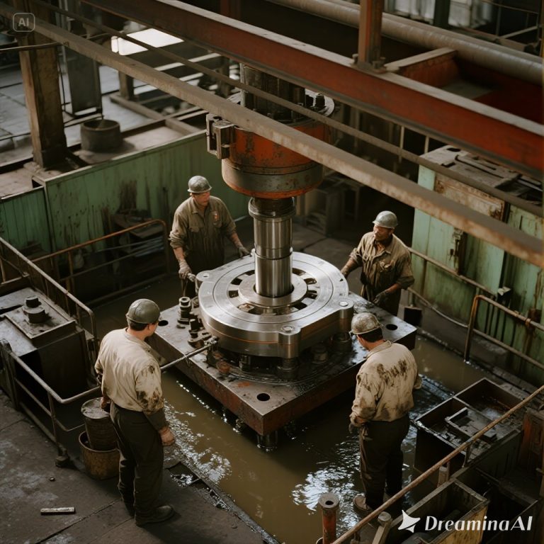 Mesin press modern sedang memproduksi komponen logam di pabrik.