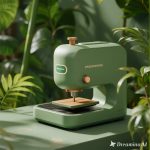 Ilustrasi mesin press modern dengan ikon hemat energi dan operator industri.