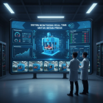 Dashboard digital menampilkan data performa mesin press secara real-time di ruang kontrol pabrik modern.