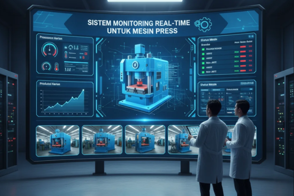 Dashboard digital menampilkan data performa mesin press secara real-time di ruang kontrol pabrik modern.