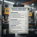 Operator mesin press sedang memeriksa panel kontrol dan tekanan hidrolik di area pabrik.