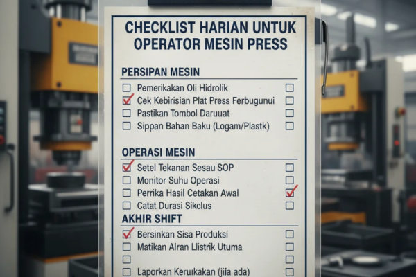 Operator mesin press sedang memeriksa panel kontrol dan tekanan hidrolik di area pabrik.