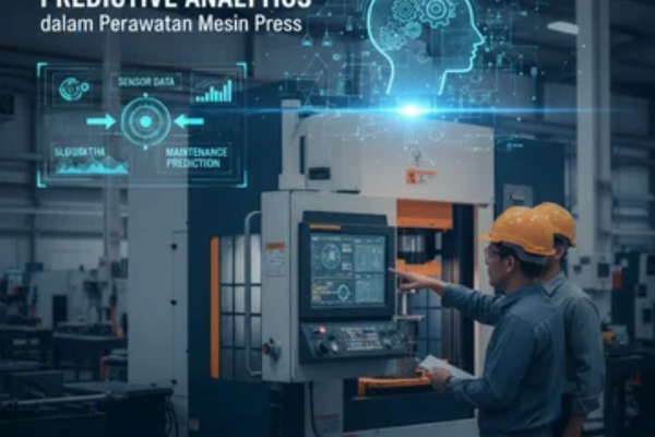 Teknisi memantau performa mesin press melalui dashboard data analitik digital di pabrik modern.