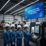 Operator mesin press sedang mengikuti pelatihan digital dengan tampilan layar kontrol otomatis di pabrik modern.