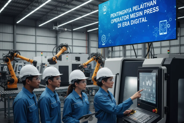 Operator mesin press sedang mengikuti pelatihan digital dengan tampilan layar kontrol otomatis di pabrik modern.