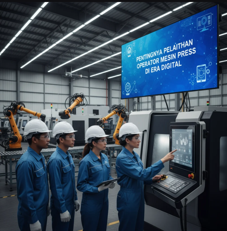 Operator mesin press sedang mengikuti pelatihan digital dengan tampilan layar kontrol otomatis di pabrik modern.