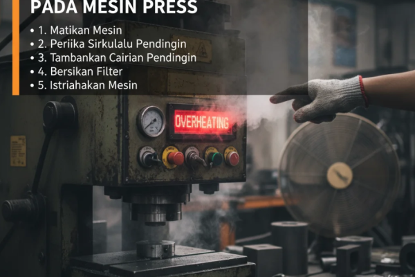 Cara Menangani Overheating pada Mesin Press Teknisi memeriksa mesin press dengan alat pengukur suhu di pabrik industri.