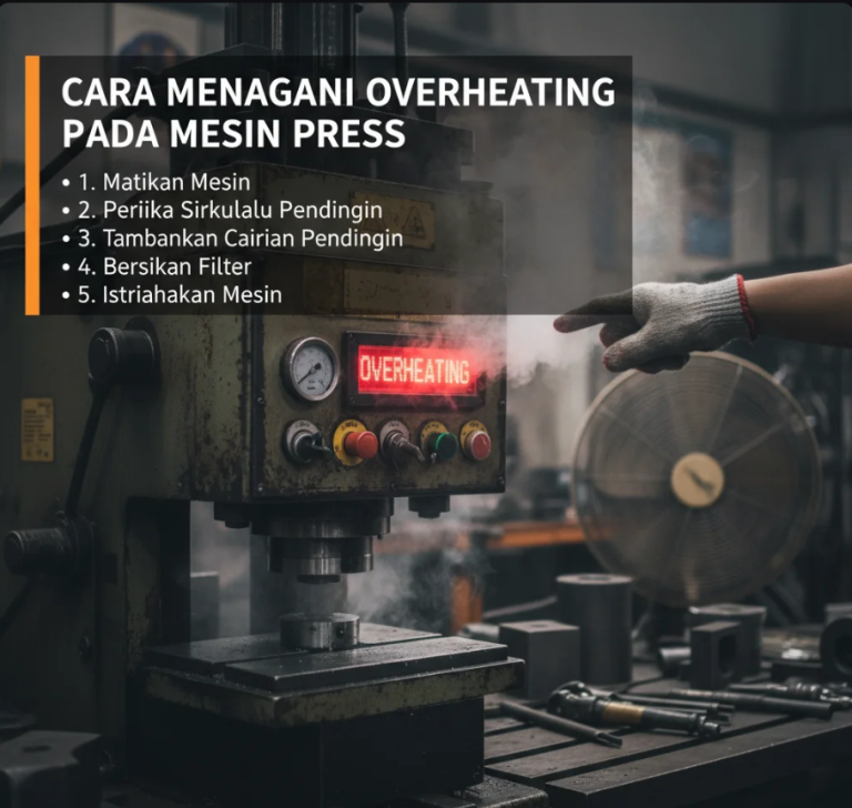 Teknisi memeriksa mesin press dengan alat pengukur suhu di pabrik industri.