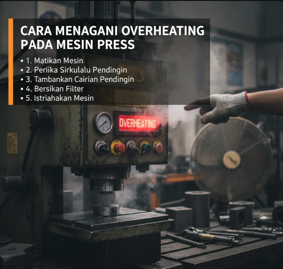 Teknisi memeriksa mesin press dengan alat pengukur suhu di pabrik industri.