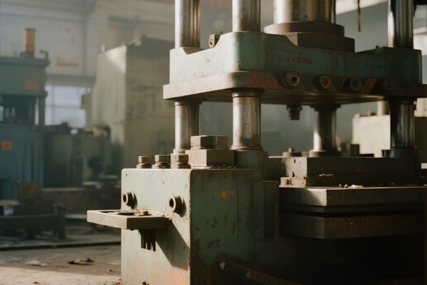 Mesin press industri lengkap dengan die set, feeder, dan perangkat keselamatan modern.