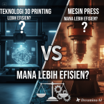 Ilustrasi perbandingan teknologi 3D printing dan mesin press dalam industri manufaktur.