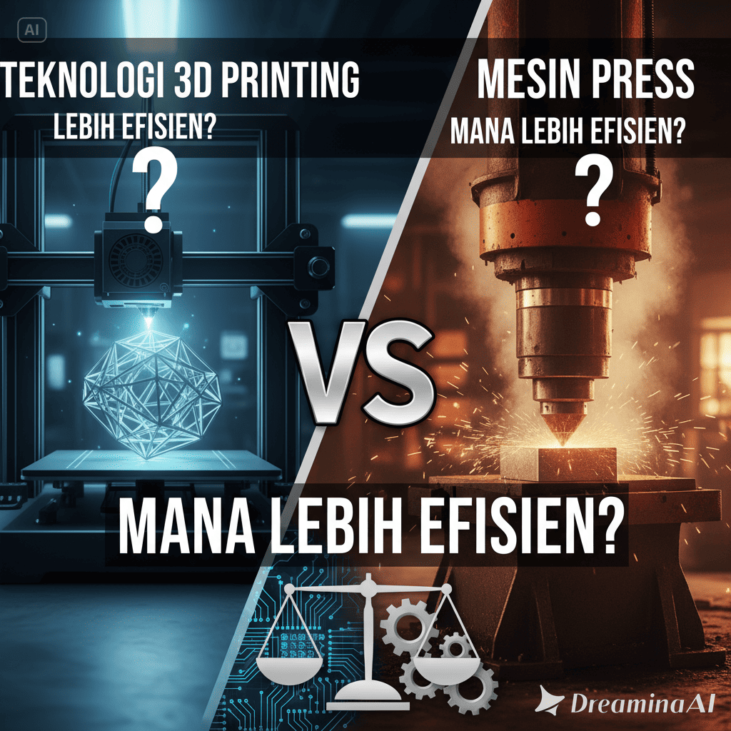 Ilustrasi perbandingan teknologi 3D printing dan mesin press dalam industri manufaktur.