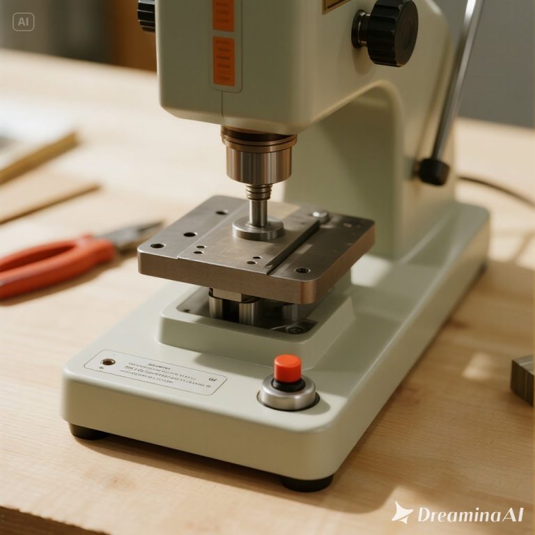 Ilustrasi mesin press portable kecil di bengkel produksi UMKM.