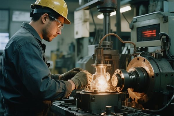 Ilustrasi mesin industri dengan sensor IoT untuk predictive maintenance.