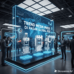 Ilustrasi mesin press modern dengan teknologi AI dan IoT di pabrik industri.