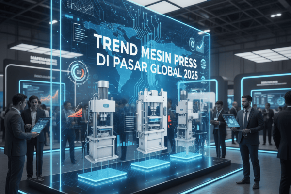 Tren Mesin Press di Pasar Global 2025 Ilustrasi mesin press modern dengan teknologi AI dan IoT di pabrik industri.
