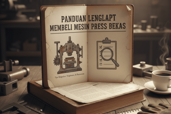 Panduan Lengkap Membeli Mesin Press Bekas Mesin press bekas di gudang industri dengan teknisi sedang memeriksa kondisi mesin.
