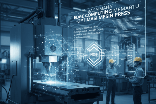 Bagaimana Edge Computing Membantu Optimasi Mesin Press Ilustrasi mesin press industri dengan teknologi edge computing dan sensor digital.