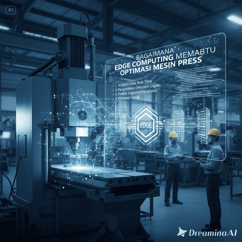 Ilustrasi mesin press industri dengan teknologi edge computing dan sensor digital.