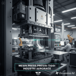 Ilustrasi mesin press presisi tinggi memproses komponen aerospace dengan operator dan monitor