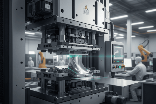 Mesin Press Presisi Tinggi untuk Industri Aerospace Ilustrasi mesin press presisi tinggi memproses komponen aerospace dengan operator dan monitor