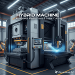 Ilustrasi Hybrid Machine yang menggabungkan fungsi mesin press dan laser cutting dalam satu perangkat modern.